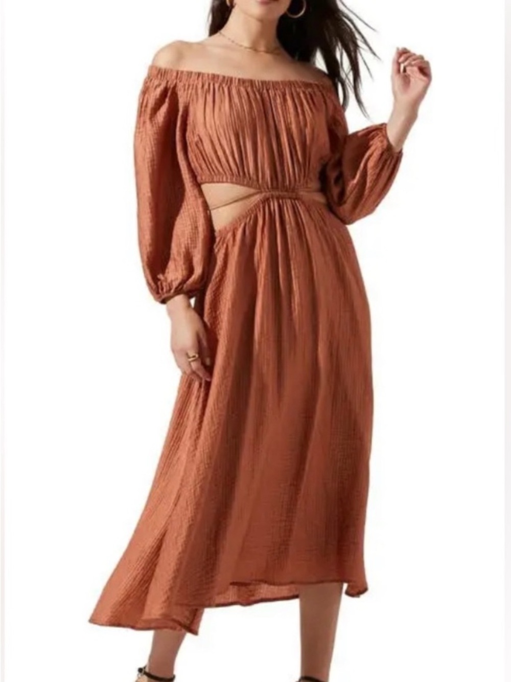 ASTR Cassian On or Off the Shoulder Cutout Midi Dress in Rust Large $148